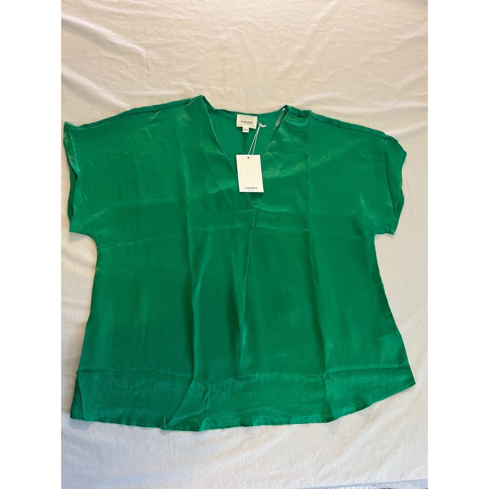 Andree by Unit Emerald Green V-Neck Shimmer Blouse Short Sleeve 1X MHS04P